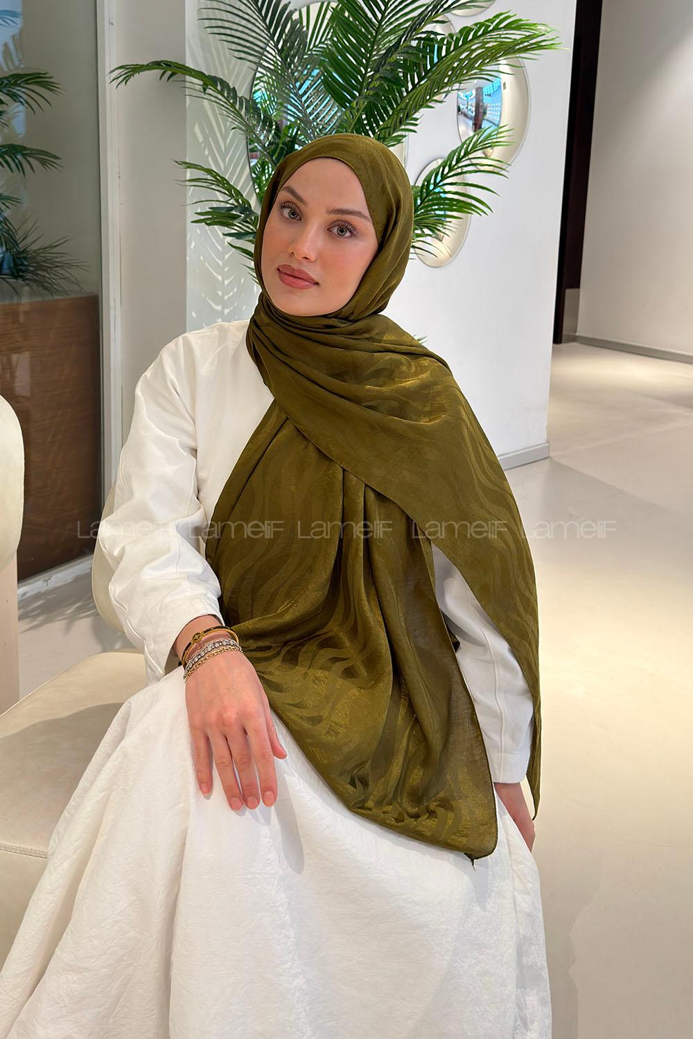 Lamelif  Shine Desen Ayrobin Floş Jakar  Şal Asker Yeşili