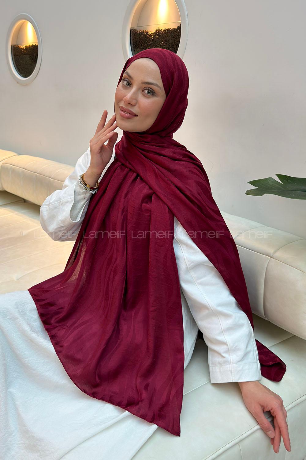 Lamelif  Shine Desen Ayrobin Floş Jakar  Şal Bordo