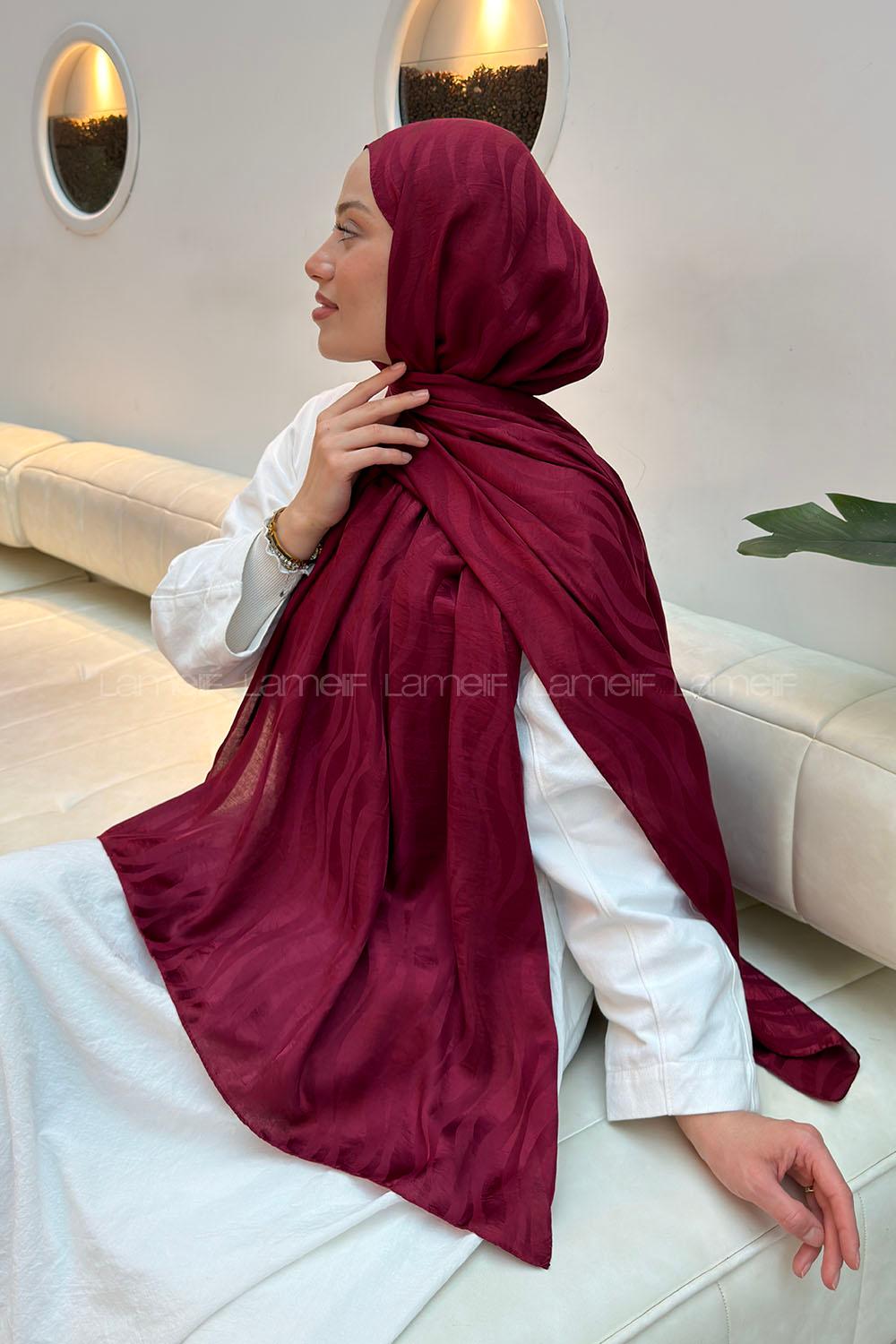 Lamelif  Shine Desen Ayrobin Floş Jakar  Şal Bordo