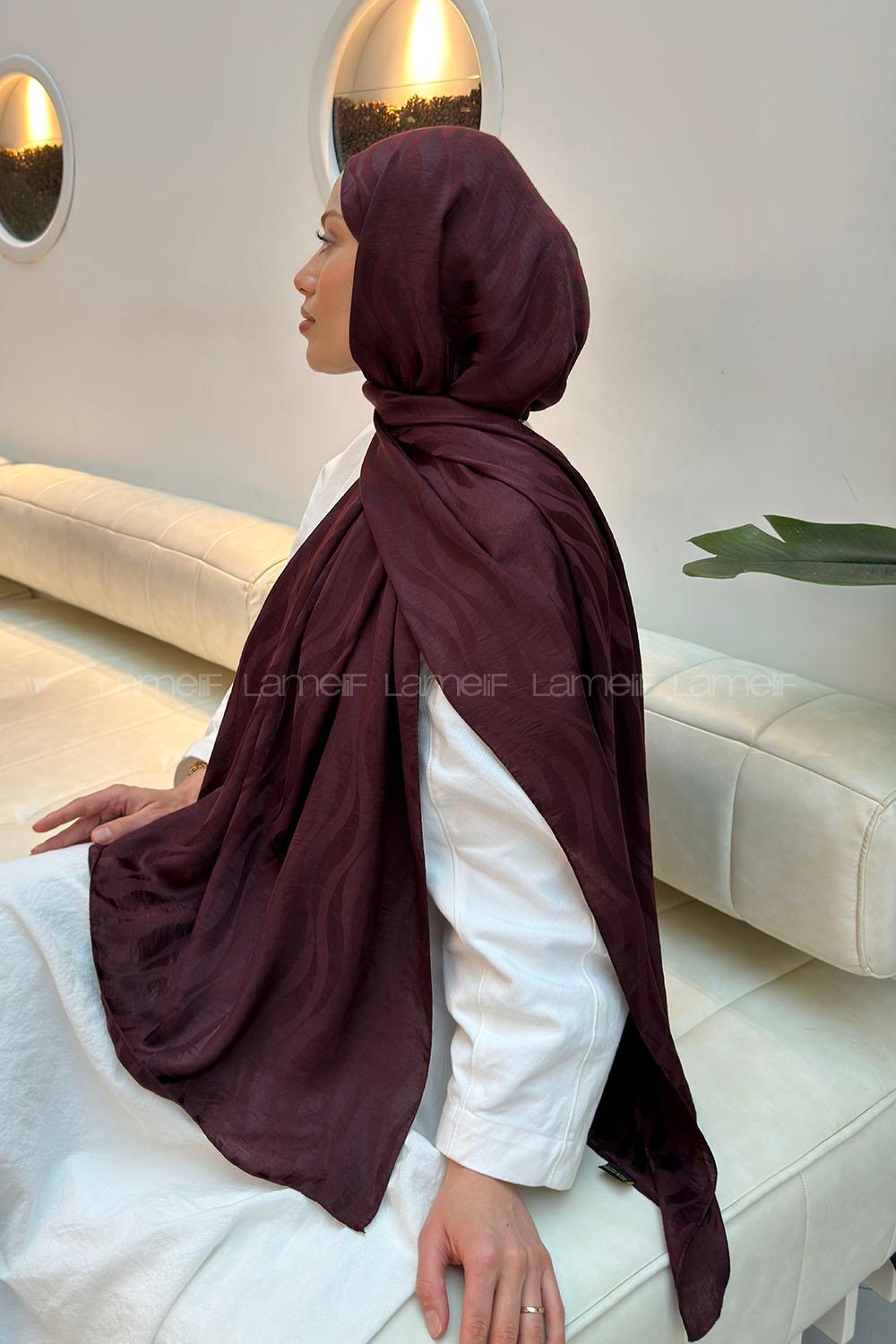 Lamelif  Shine Desen Ayrobin Floş Jakar  Şal Koyu Bordo