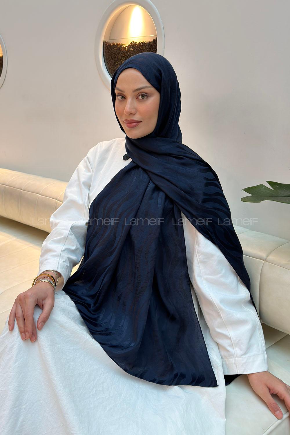 Lamelif  Shine Desen Ayrobin Floş Jakar  Şal Lacivert