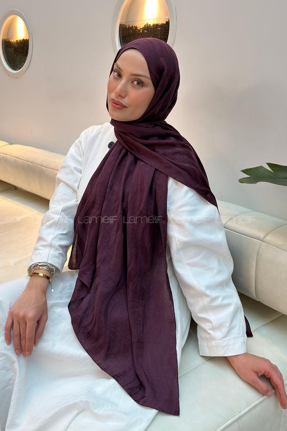 Lamelif  Shine Desen Ayrobin Floş Jakar  Şal Mürdüm