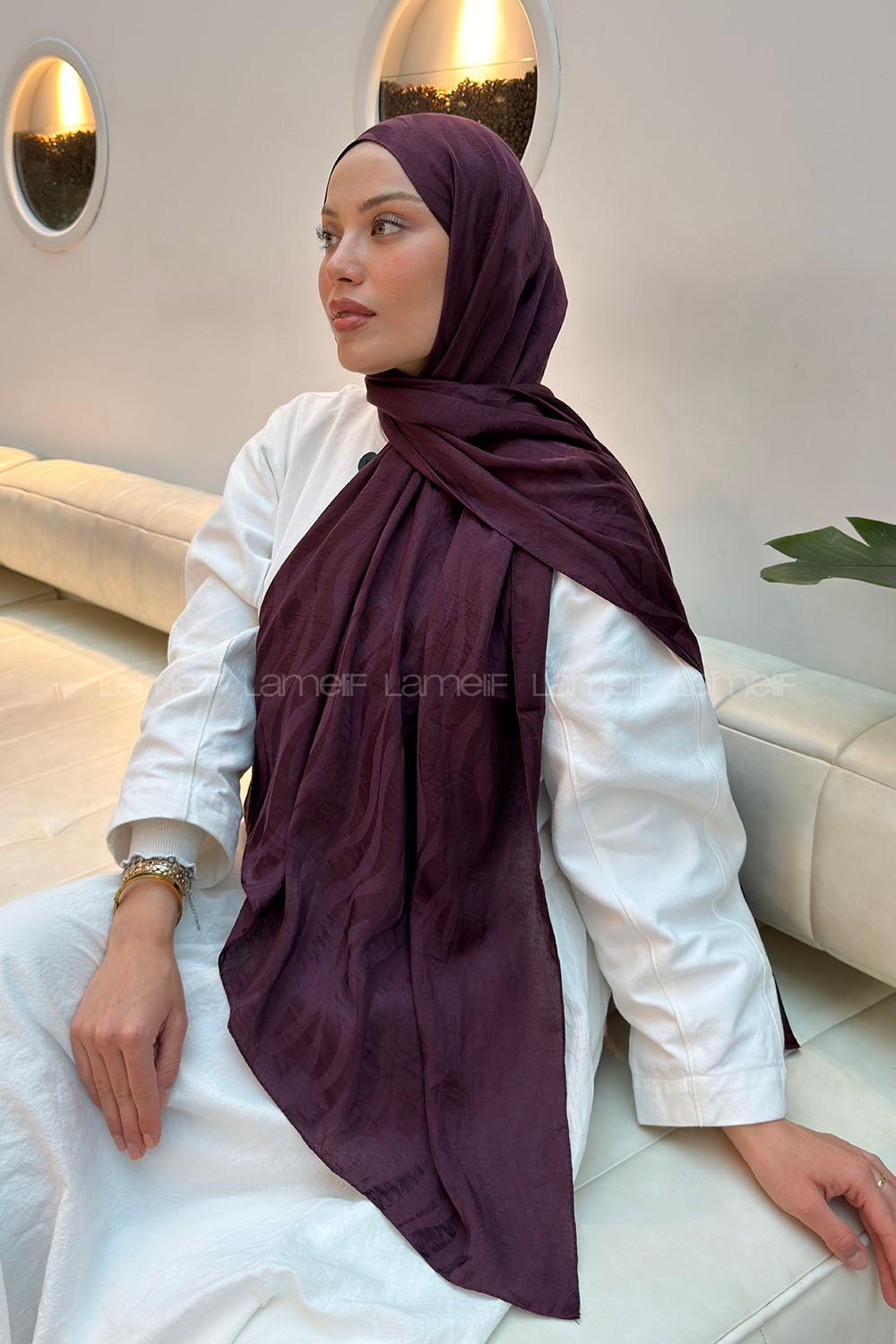 Lamelif  Shine Desen Ayrobin Floş Jakar  Şal Mürdüm