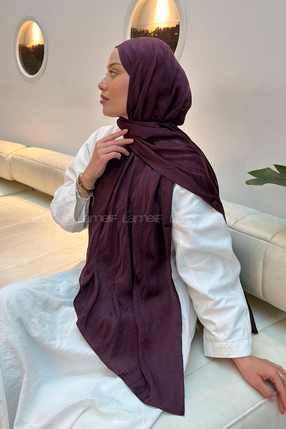 Lamelif  Shine Desen Ayrobin Floş Jakar  Şal Mürdüm