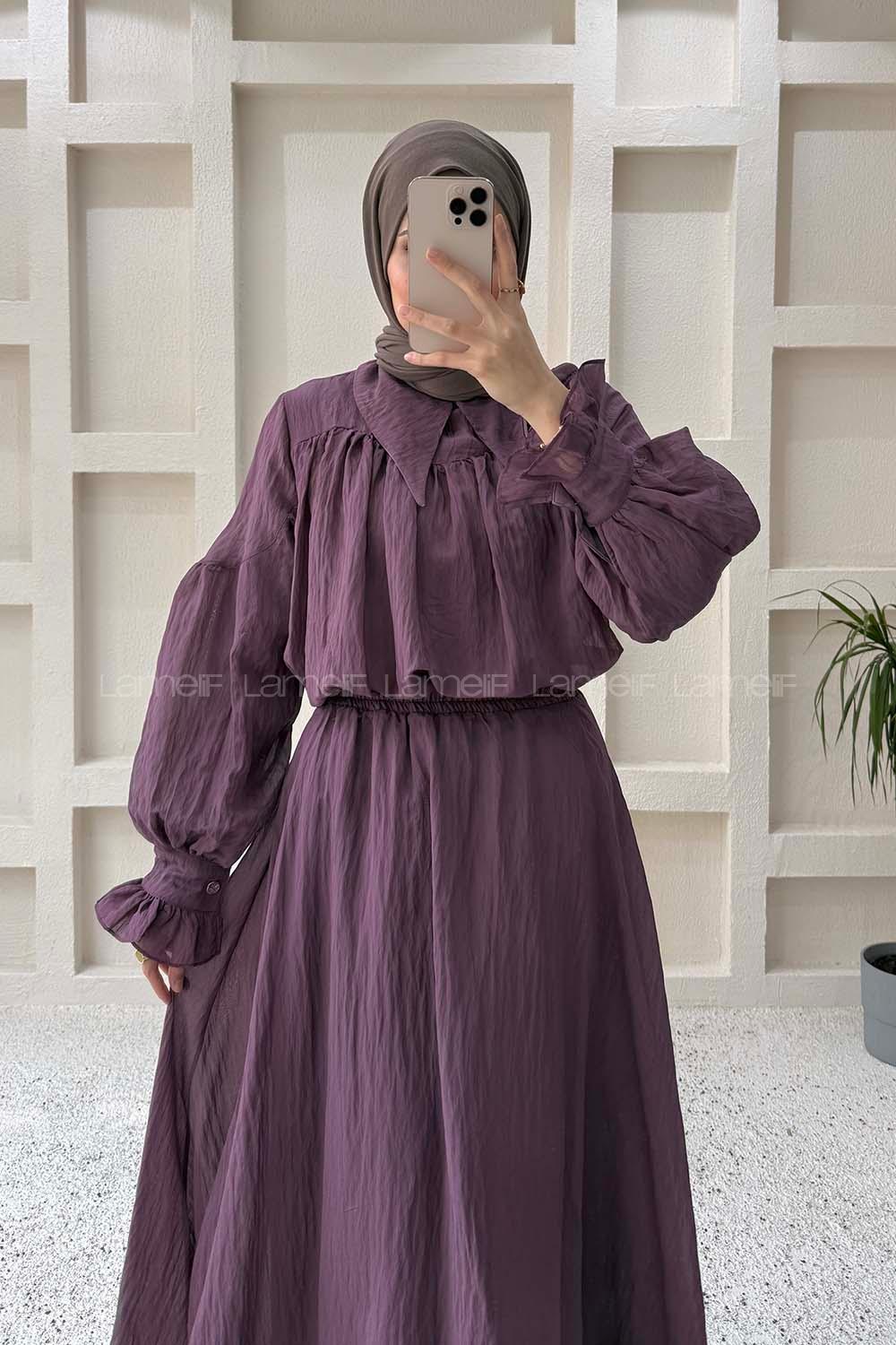 Lamelif Tesettür Şifon Takım Mürdüm