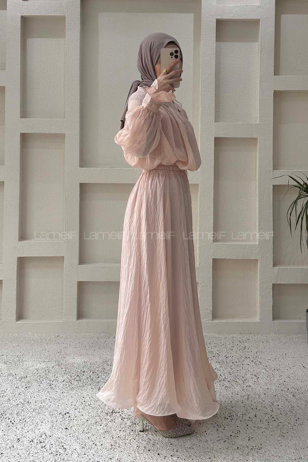 Lamelif Tesettür Şifon Takım Pudra Pembe
