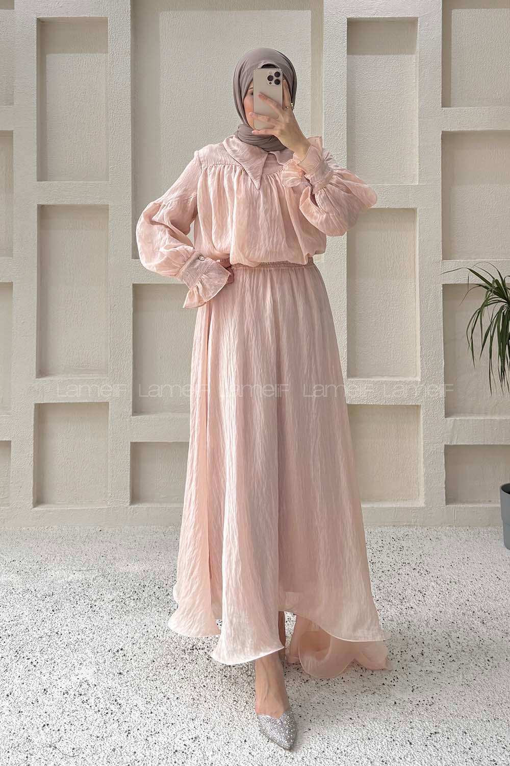 Lamelif Tesettür Şifon Takım Pudra Pembe