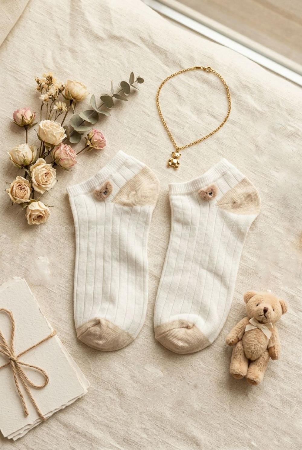 Lamelif Yıkamalı Penye Ayı Desenli Çorap