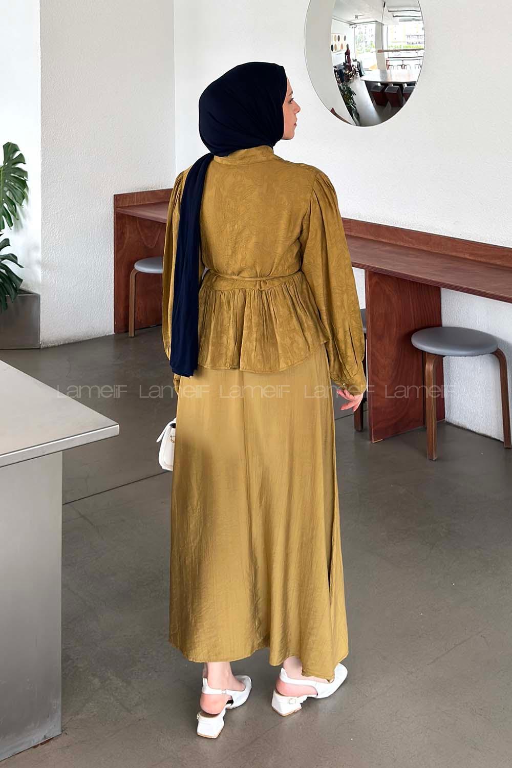 Lamelif Bağlama Detaylı Desenli Tesettür Takım Yağ Yeşili