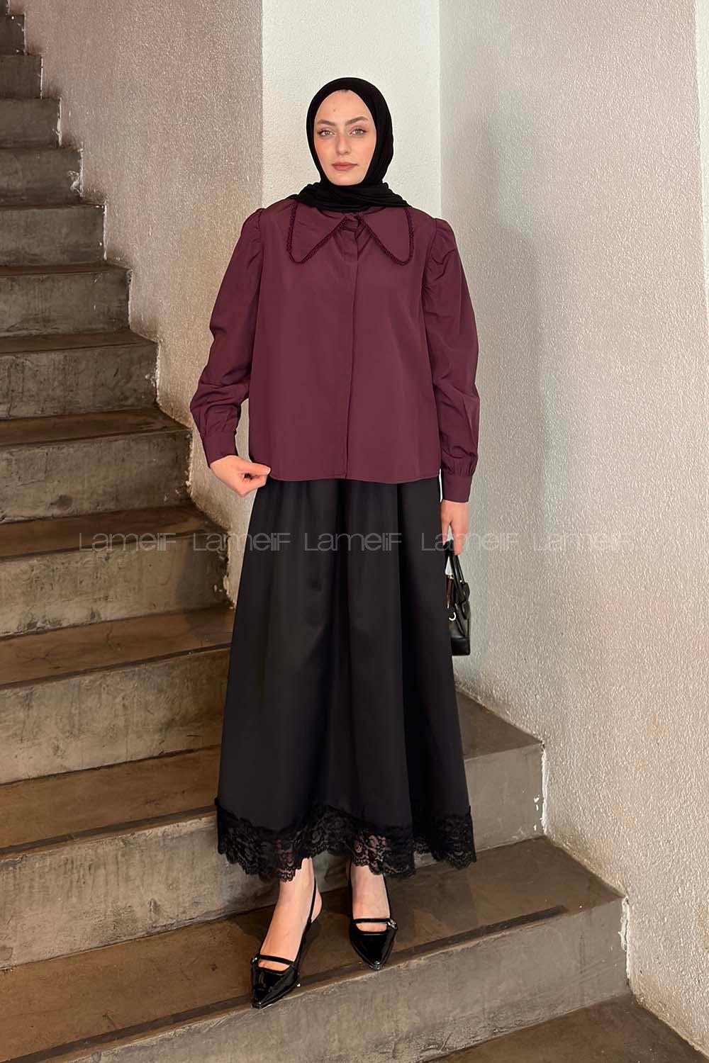 Lamelif Bebe Yaka Dantel Dikişli Gömlek Mürdüm