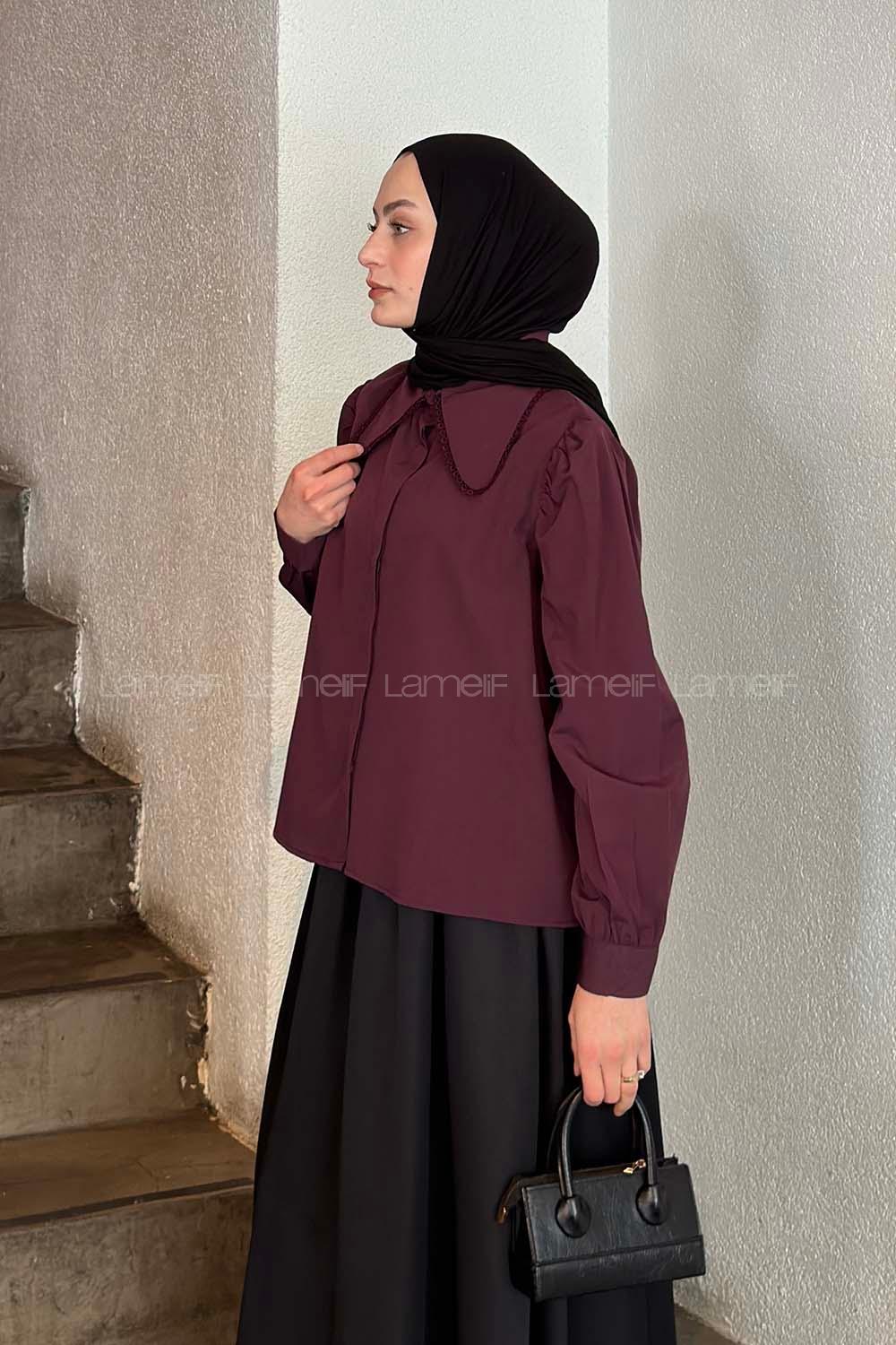 Lamelif Bebe Yaka Dantel Dikişli Gömlek Mürdüm
