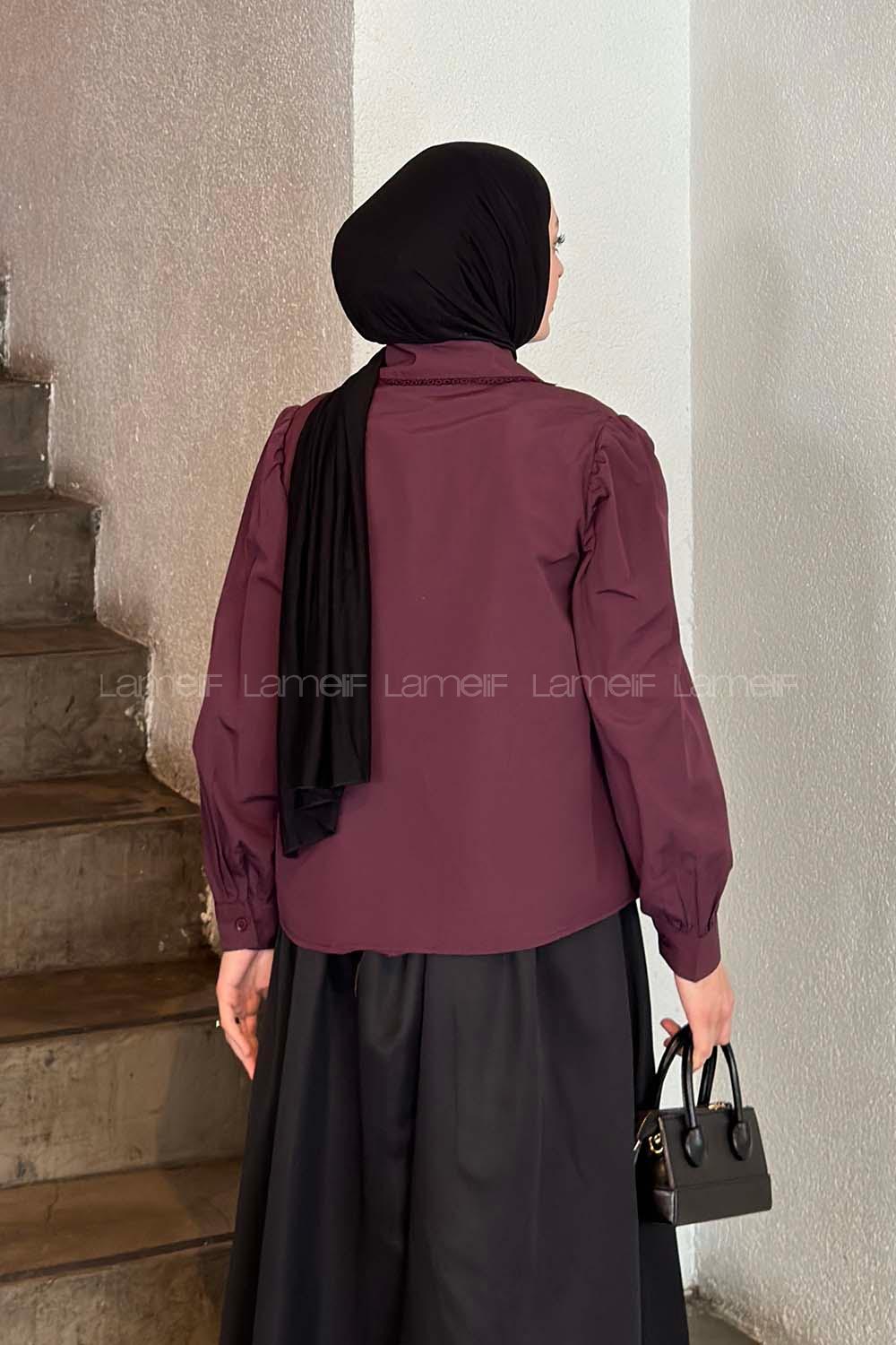 Lamelif Bebe Yaka Dantel Dikişli Gömlek Mürdüm