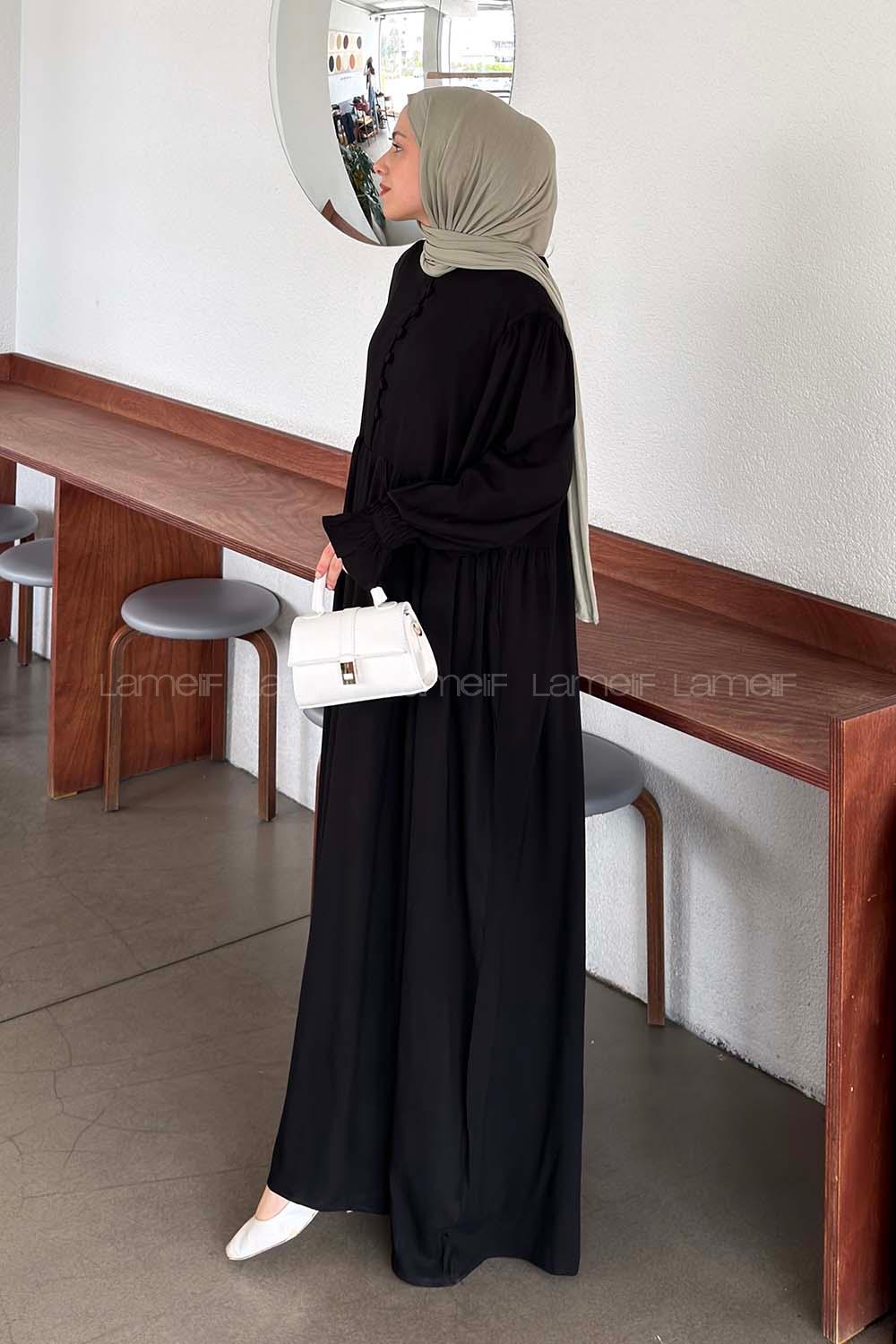 Lamelif Brit Düğmeli Tesettür Elbise Siyah