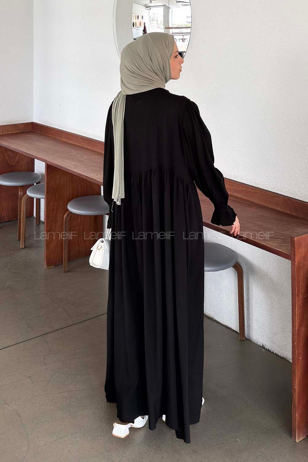 Lamelif Brit Düğmeli Tesettür Elbise Siyah