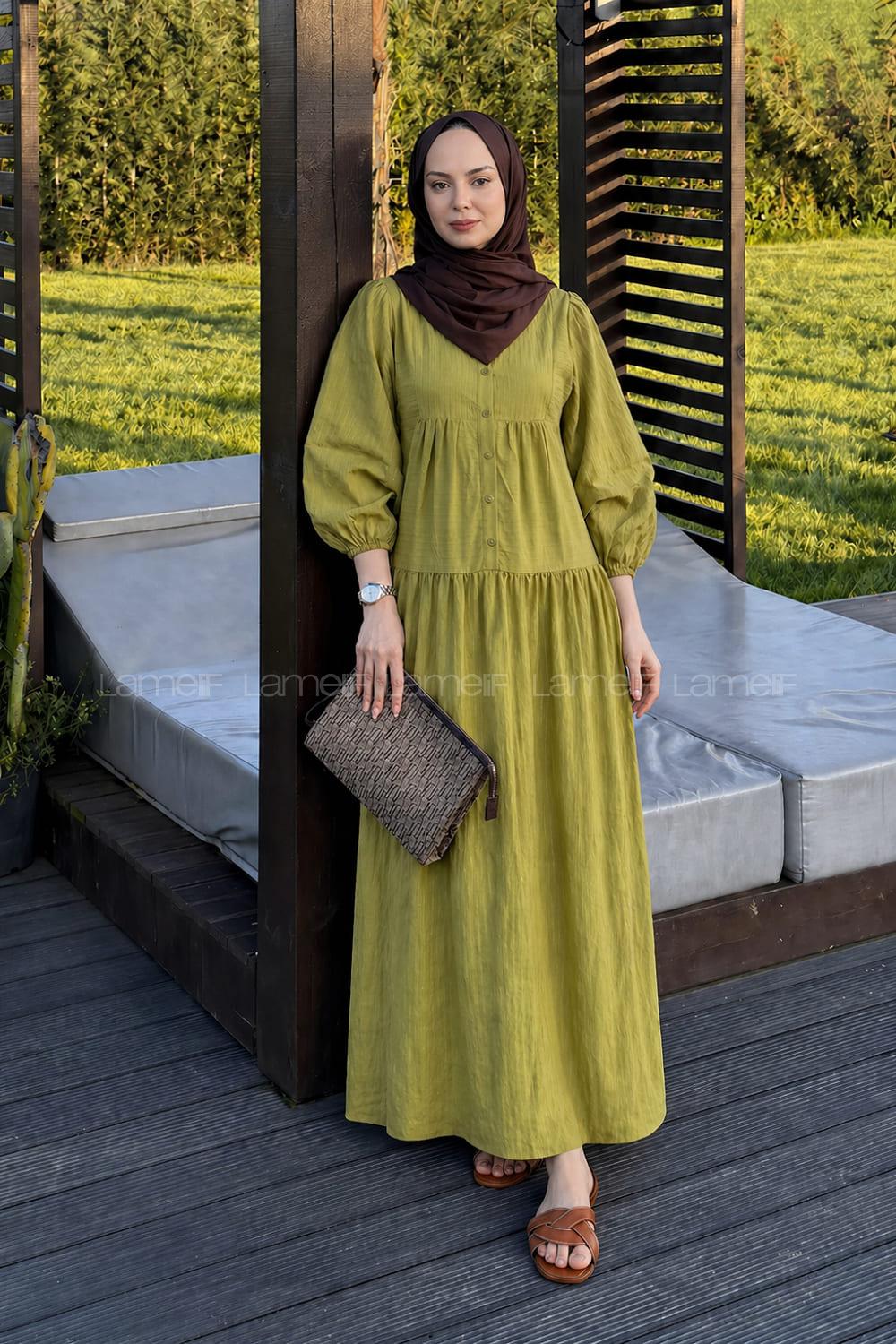 Lamelif Çizgi Detaylı Elbise Yağ Yeşili