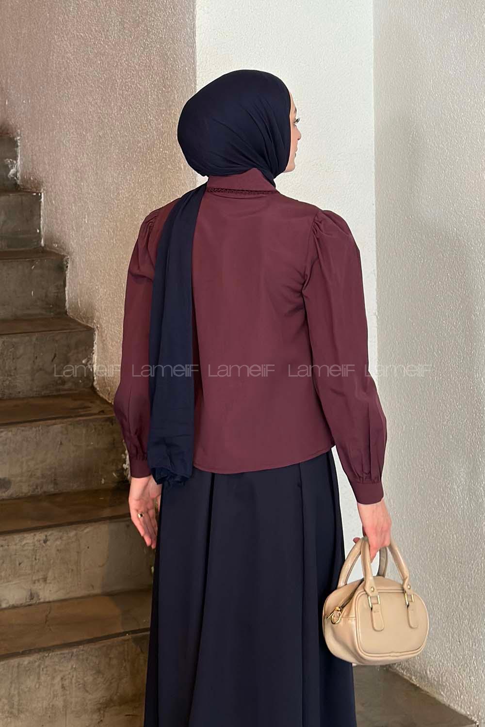 Lamelif Dantel Dikişli Gömlek Mürdüm