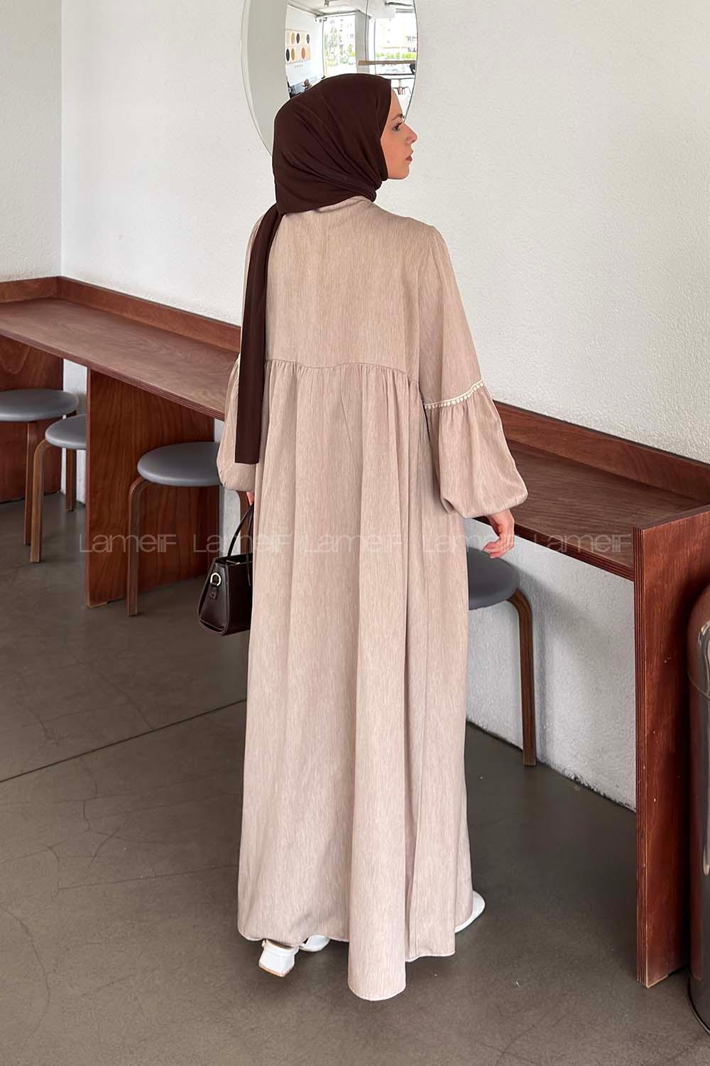 Lamelif Güpür Dantelli Püskül Detaylı Elbise Bej