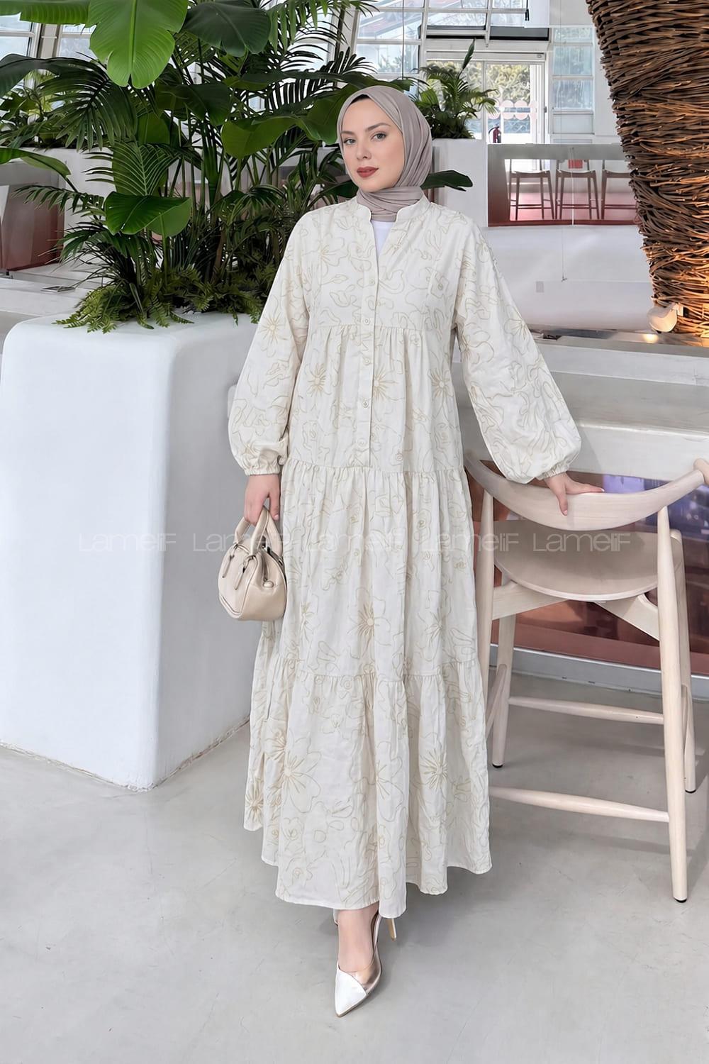 Lamelif Katleya Model İşlemeli Elbise Ekru