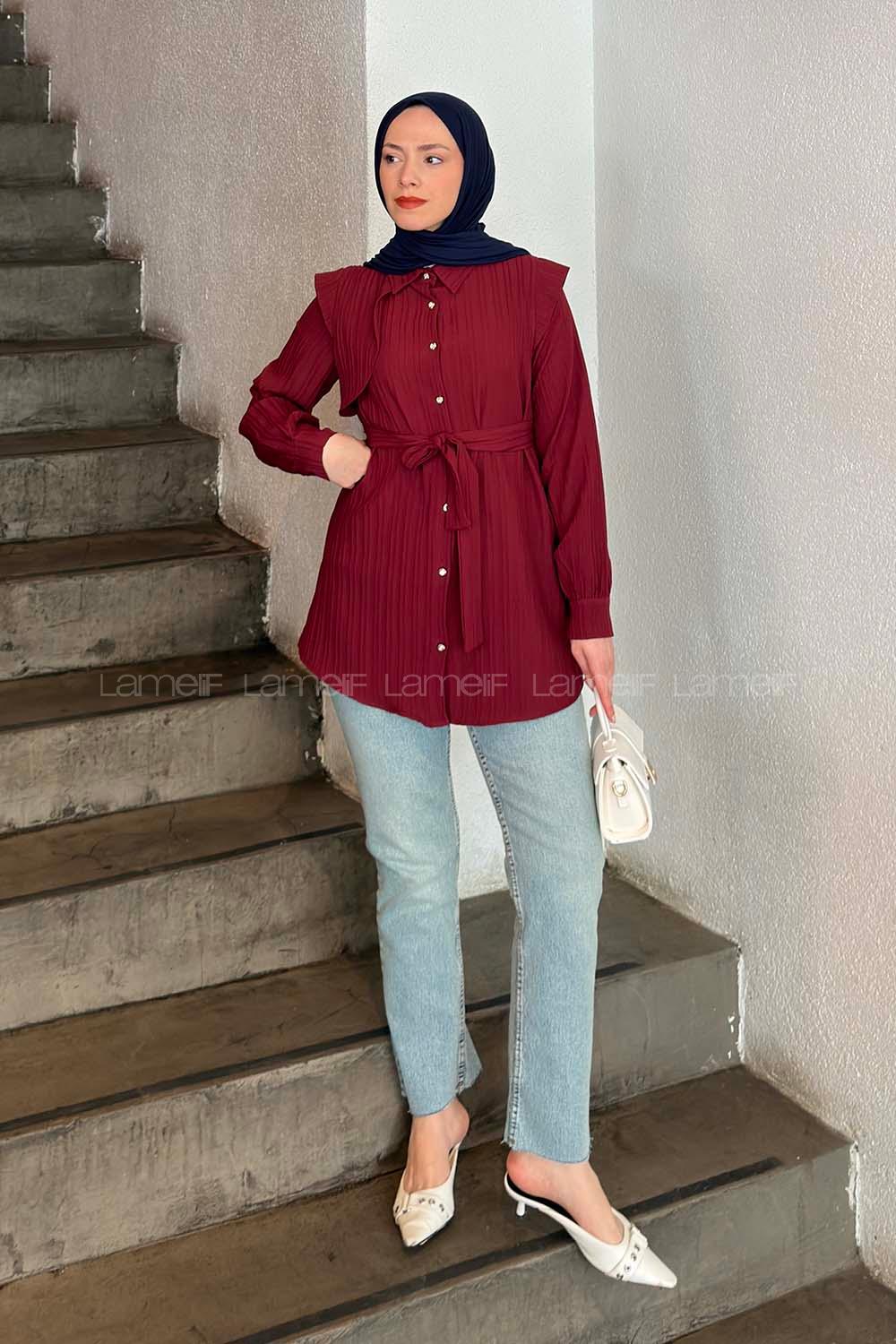 Lamelif Lamelif Vatkalı Yarım Pelerinli Gömlek Bordo