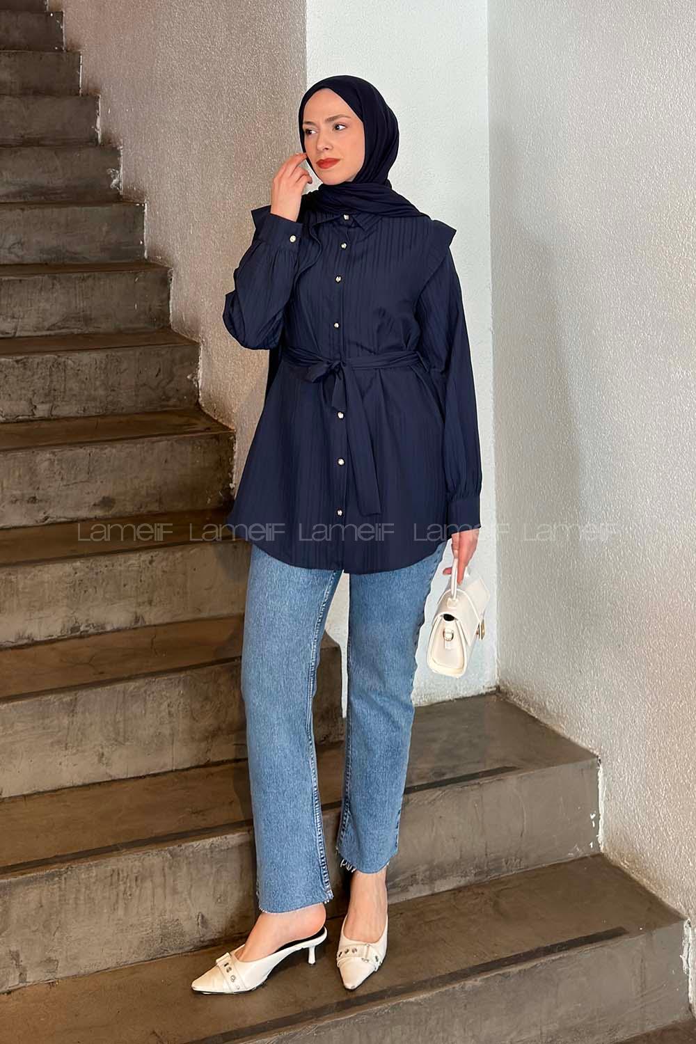 Lamelif Lamelif Vatkalı Yarım Pelerinli Gömlek Lacivert