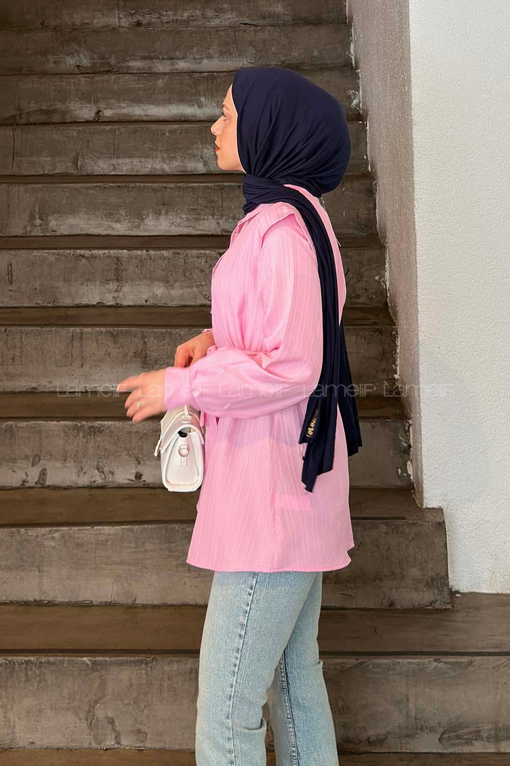 Lamelif Lamelif Vatkalı Yarım Pelerinli Gömlek Pembe