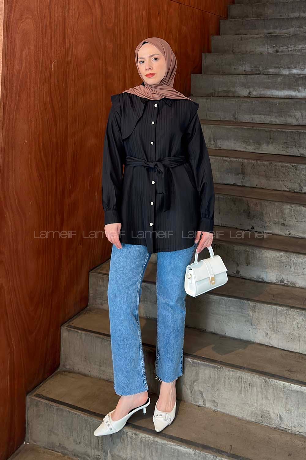 Lamelif Lamelif Vatkalı Yarım Pelerinli Gömlek Siyah