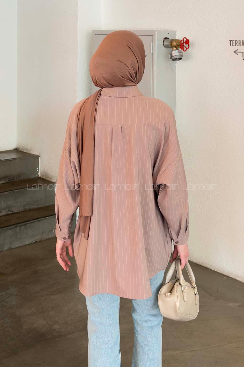 Lamelif Sırt Robalı Çizgi Detaylı Tunik Kahve