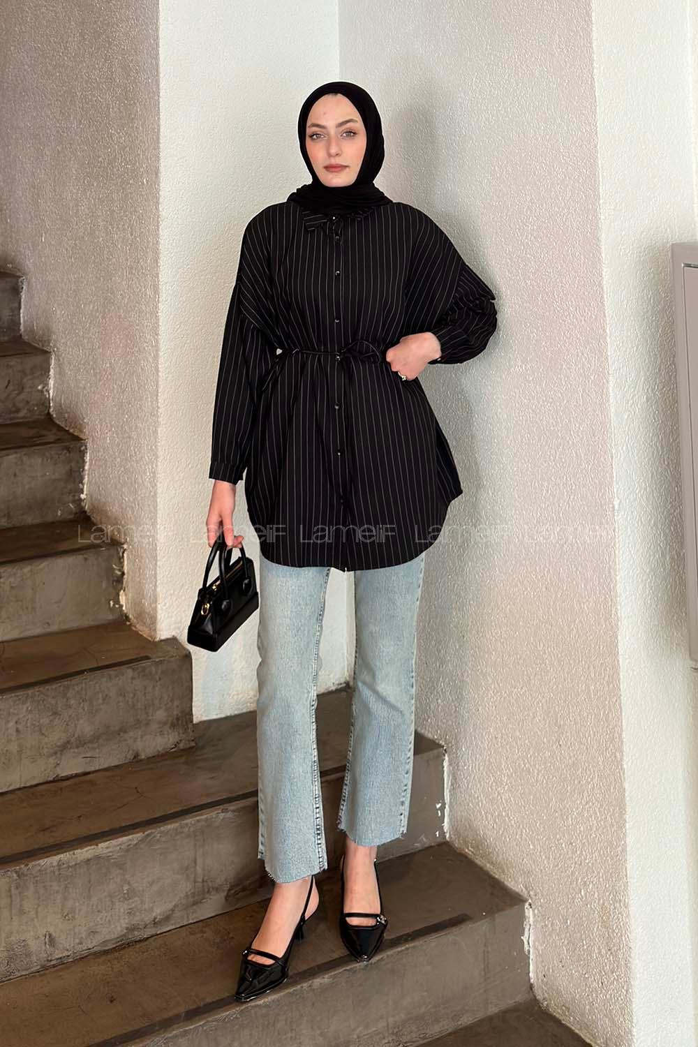 Lamelif Sırt Robalı Çizgi Detaylı Tunik Siyah