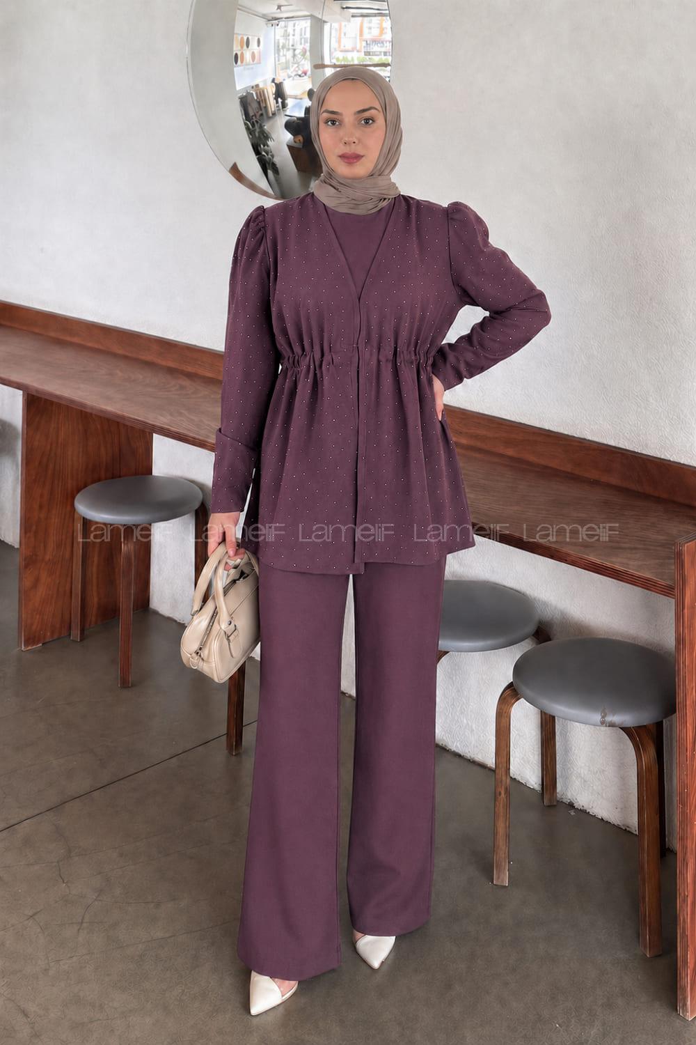 Lamelif Belden Büzgülü Taş Detaylı Pantolonlu Takım Mürdüm