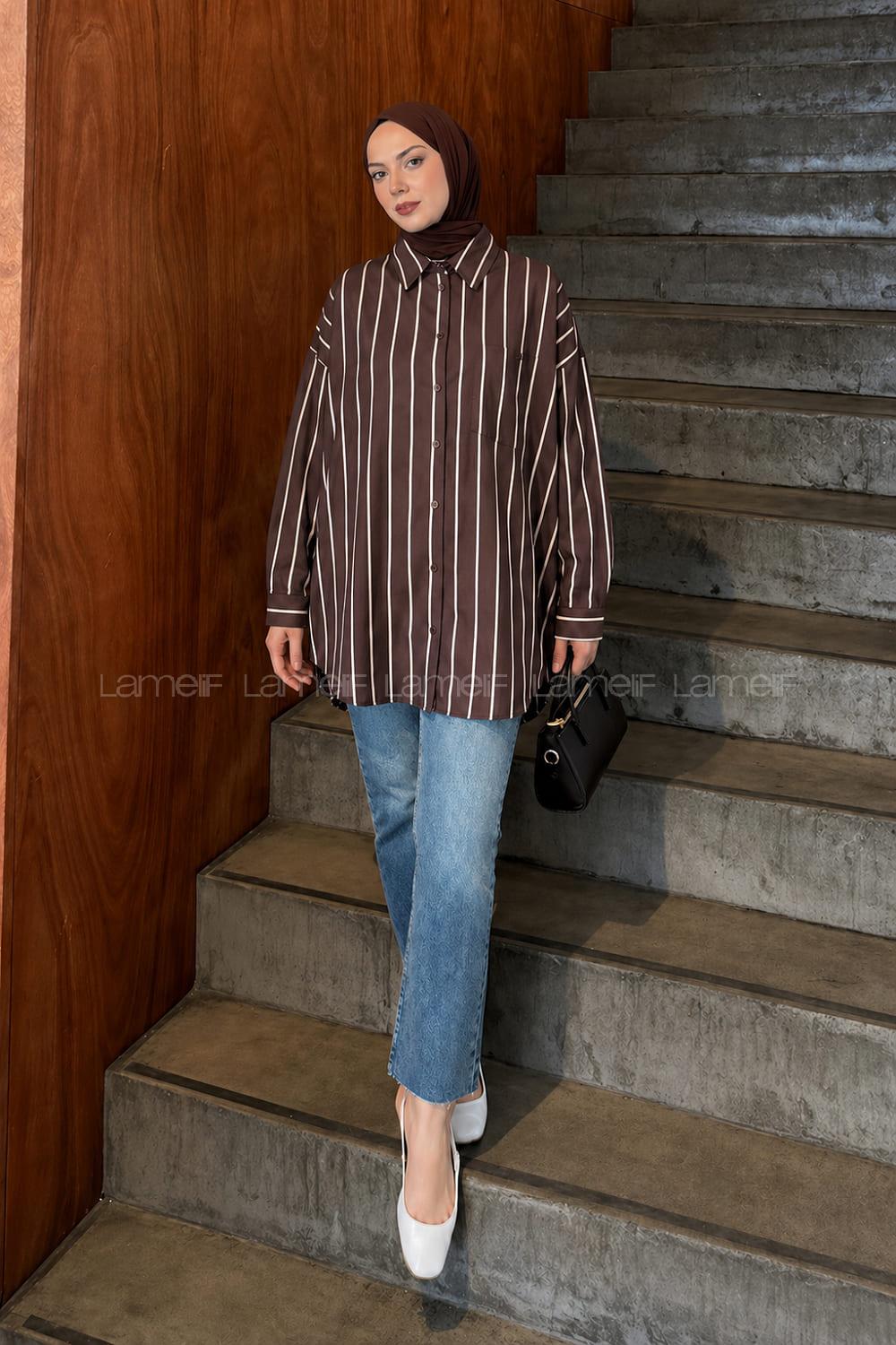 Lamelif Çizgi Detaylı Cepli Gömlek Kahverengi
