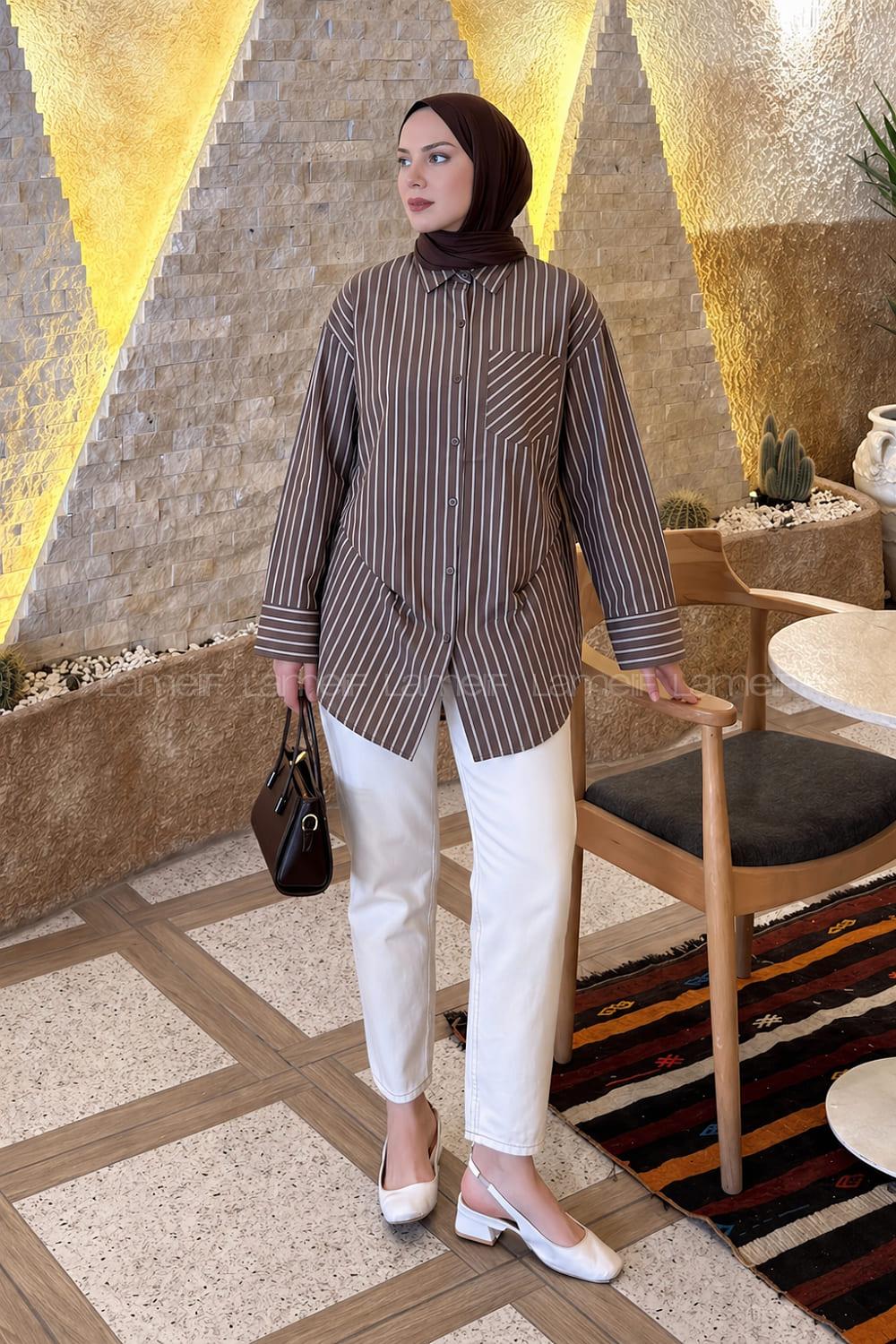 Lamelif Çizgi Detaylı Yarasa Kol Gömlek Kahverengi