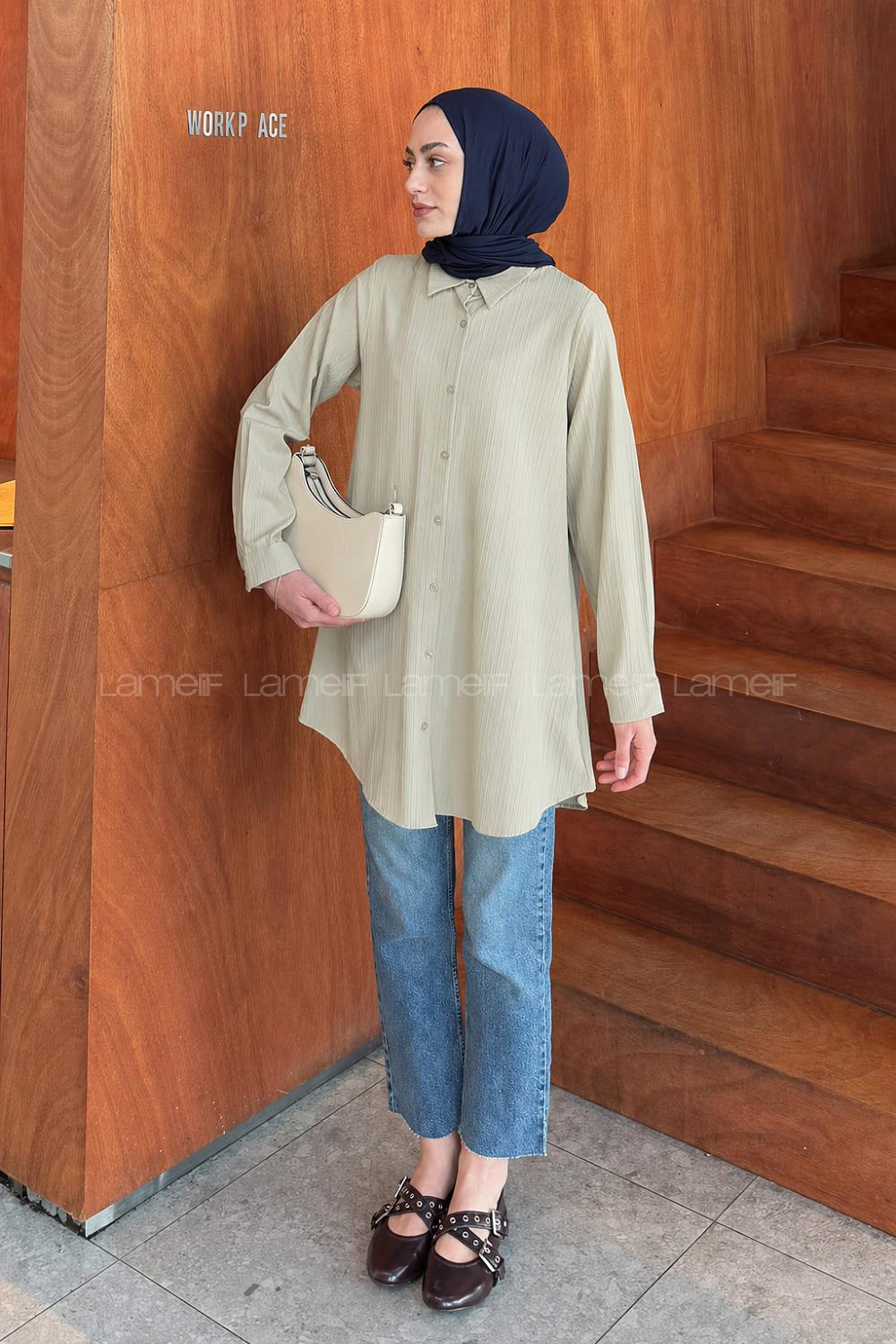 Lamelif Çizgi Geçişli Tesettür Gömlek Mint Yeşili