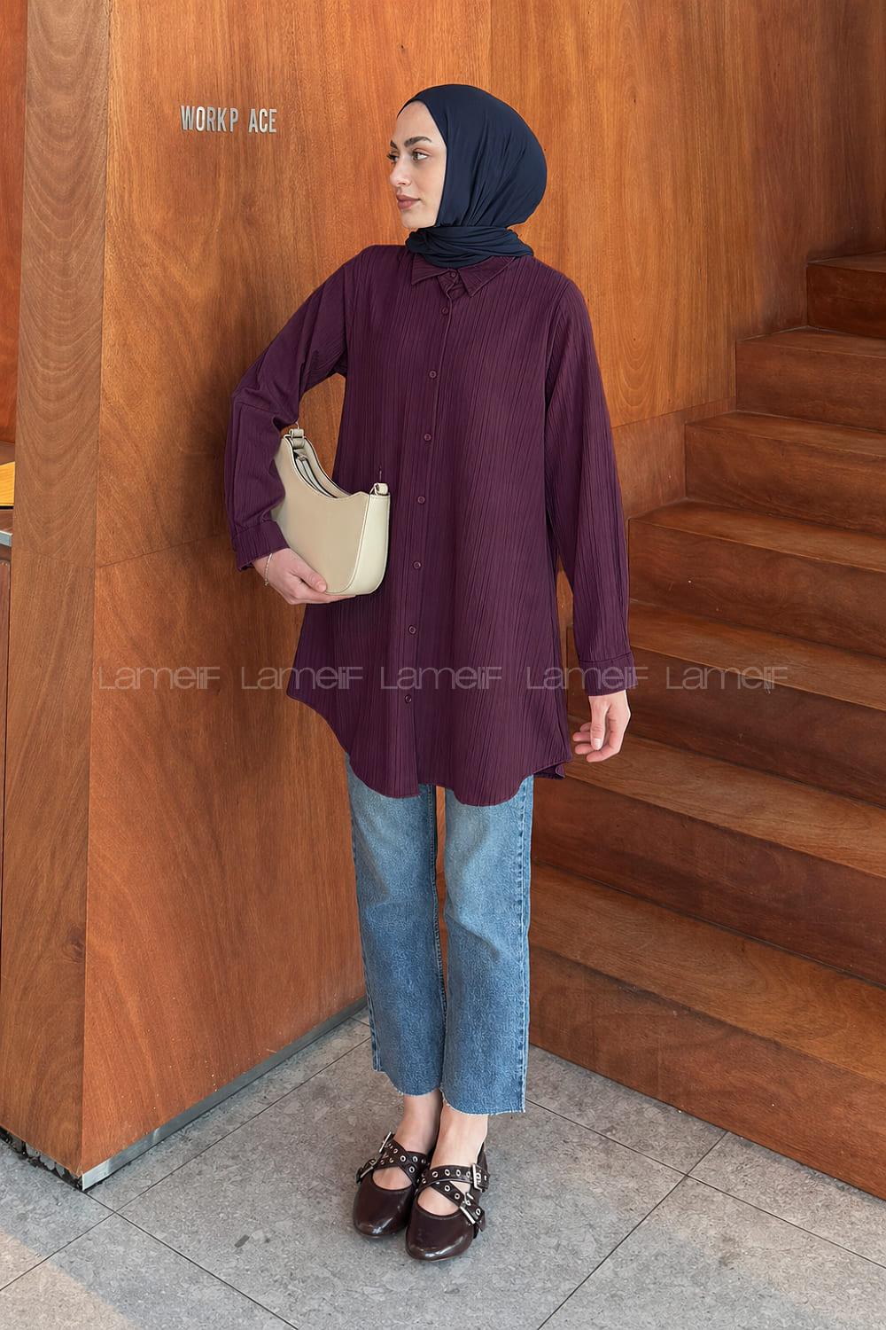 Lamelif Çizgi Geçişli Tesettür Gömlek Mürdüm