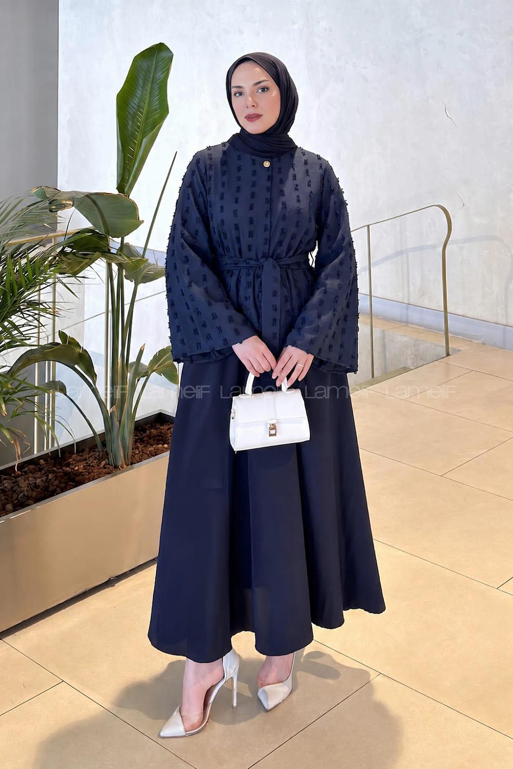 Navy Blue Crew Neck Long Arm Cotton Skirt Suit