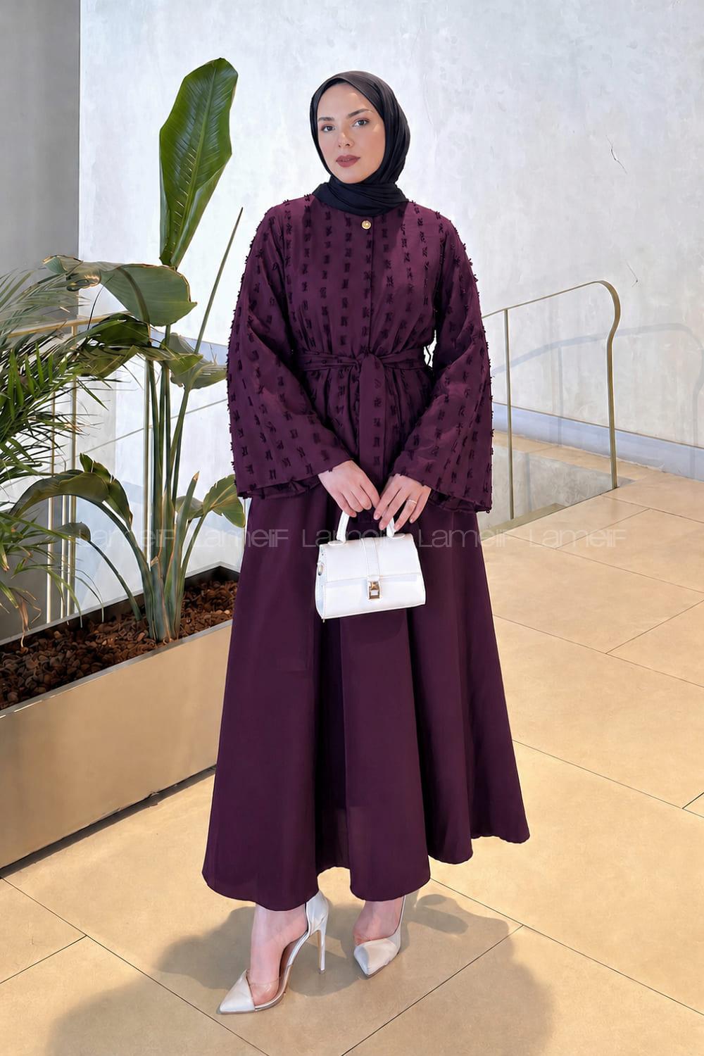 Plum Crew Neck Long Arm Cotton Skirt Suit
