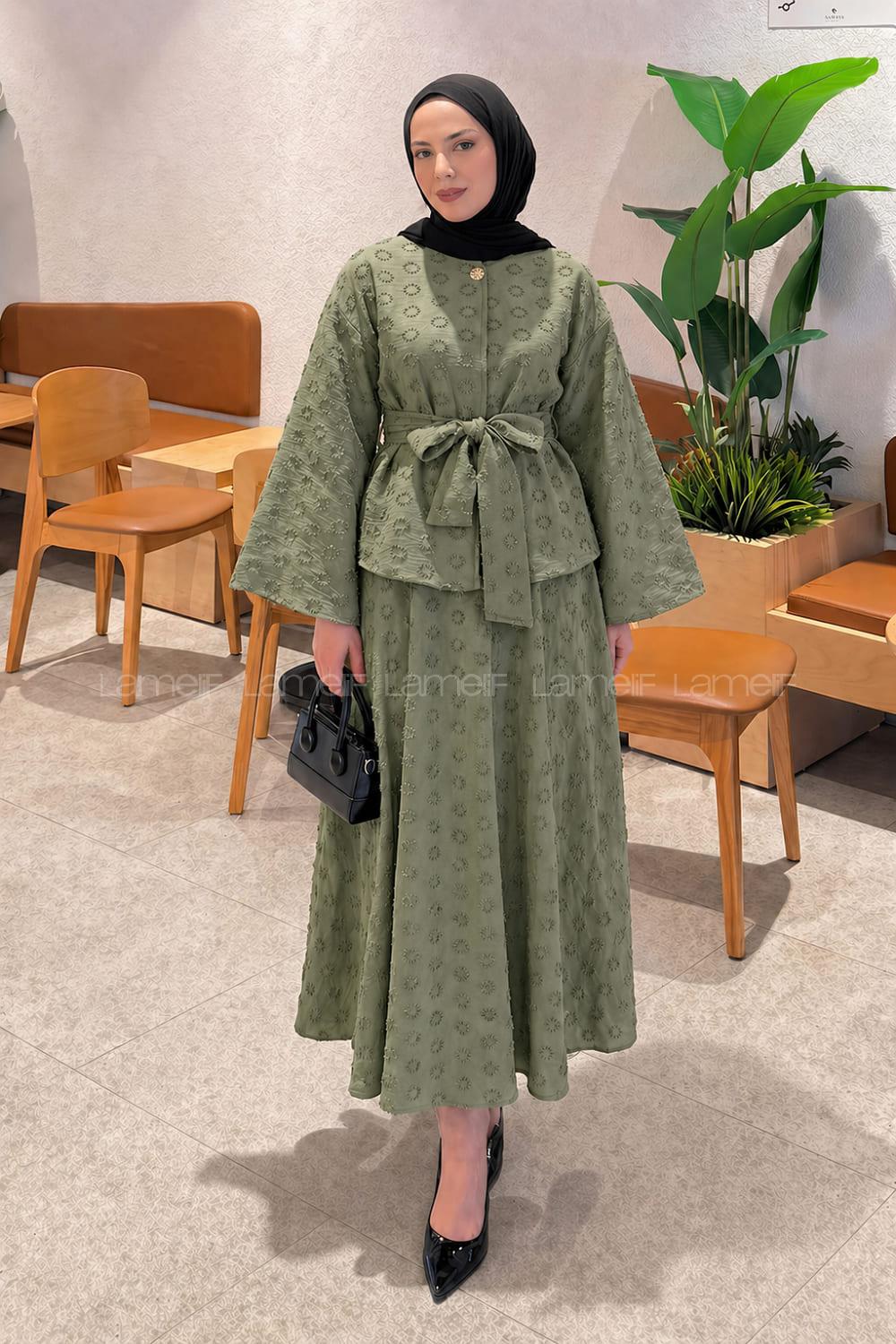 Plum Green Crew Neck Long Arm Cotton Straight Skirt Suit