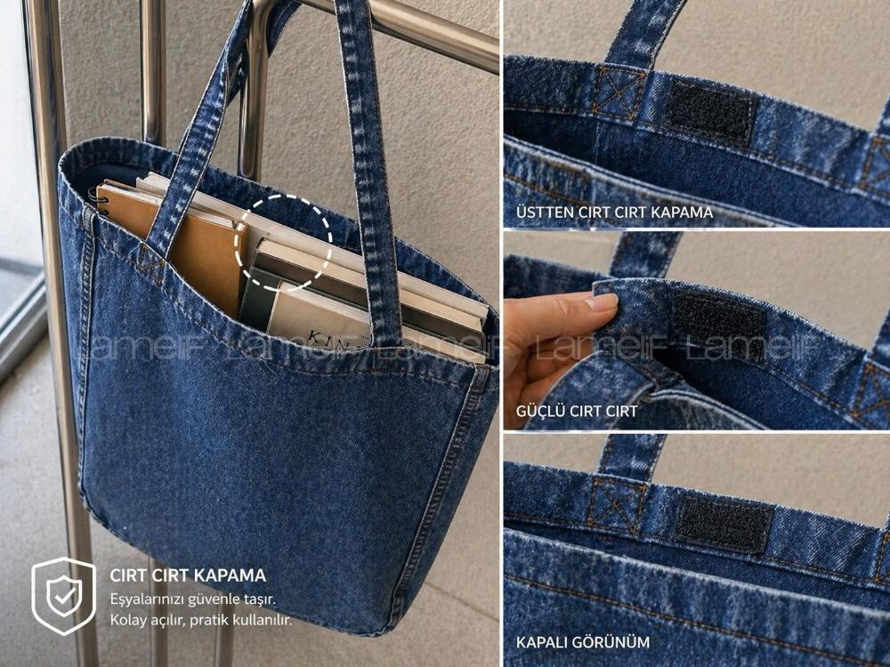 Lamelif Kadın Dükortta Denim Kar Yıkama Günlük Spor Plaj Okul Çanta [KOT Totebag]