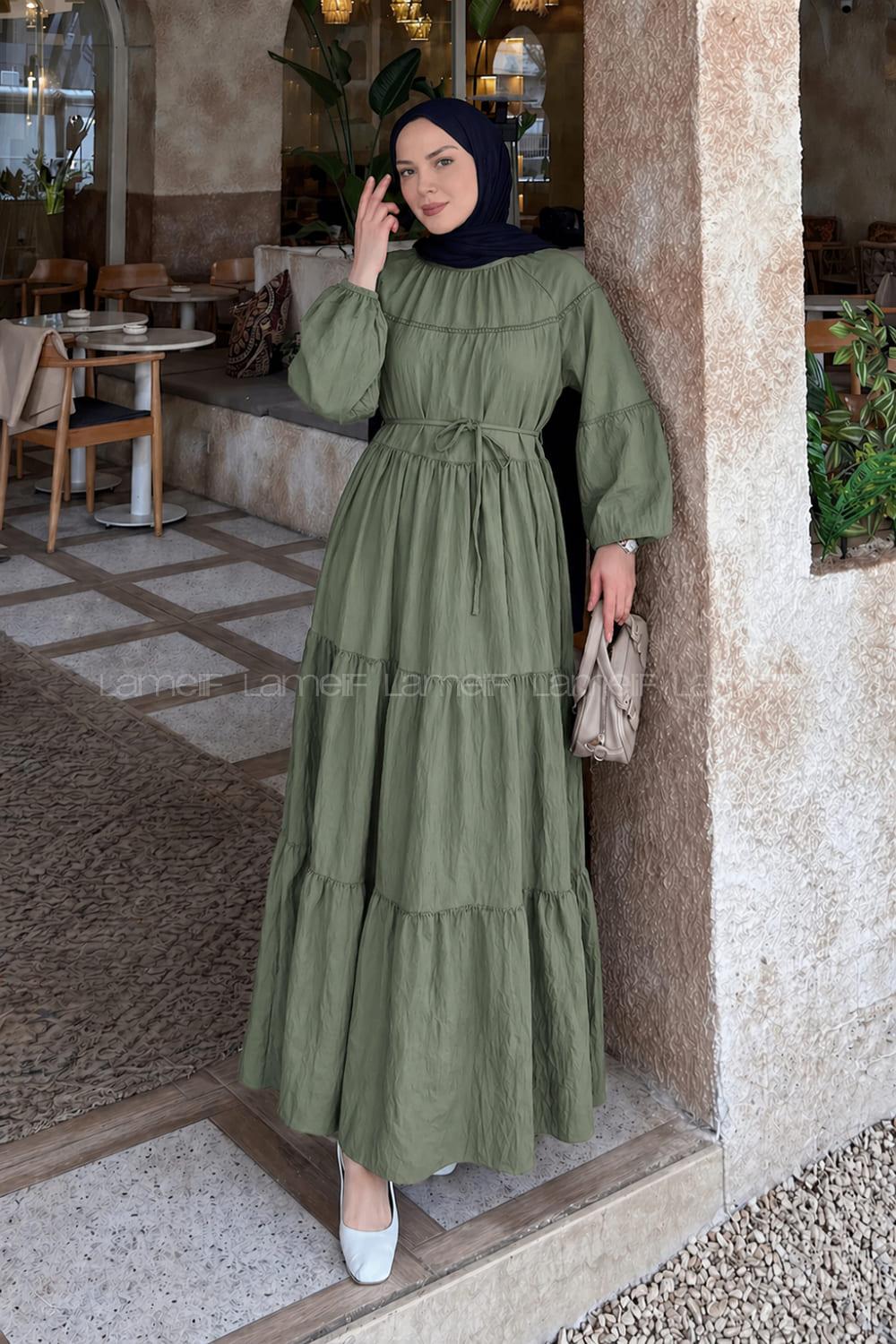 Khaki Crew Neck Cotton Dresess