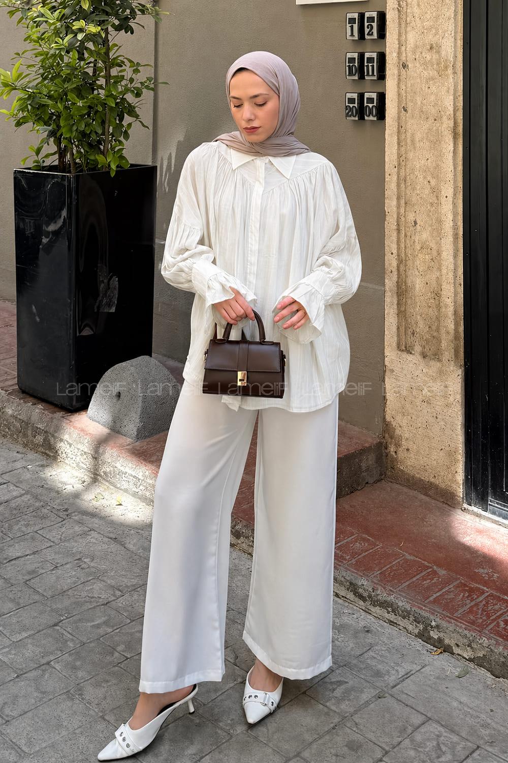Lamelif Kolları Fırfırlı Tesettür Gömlek Ekru