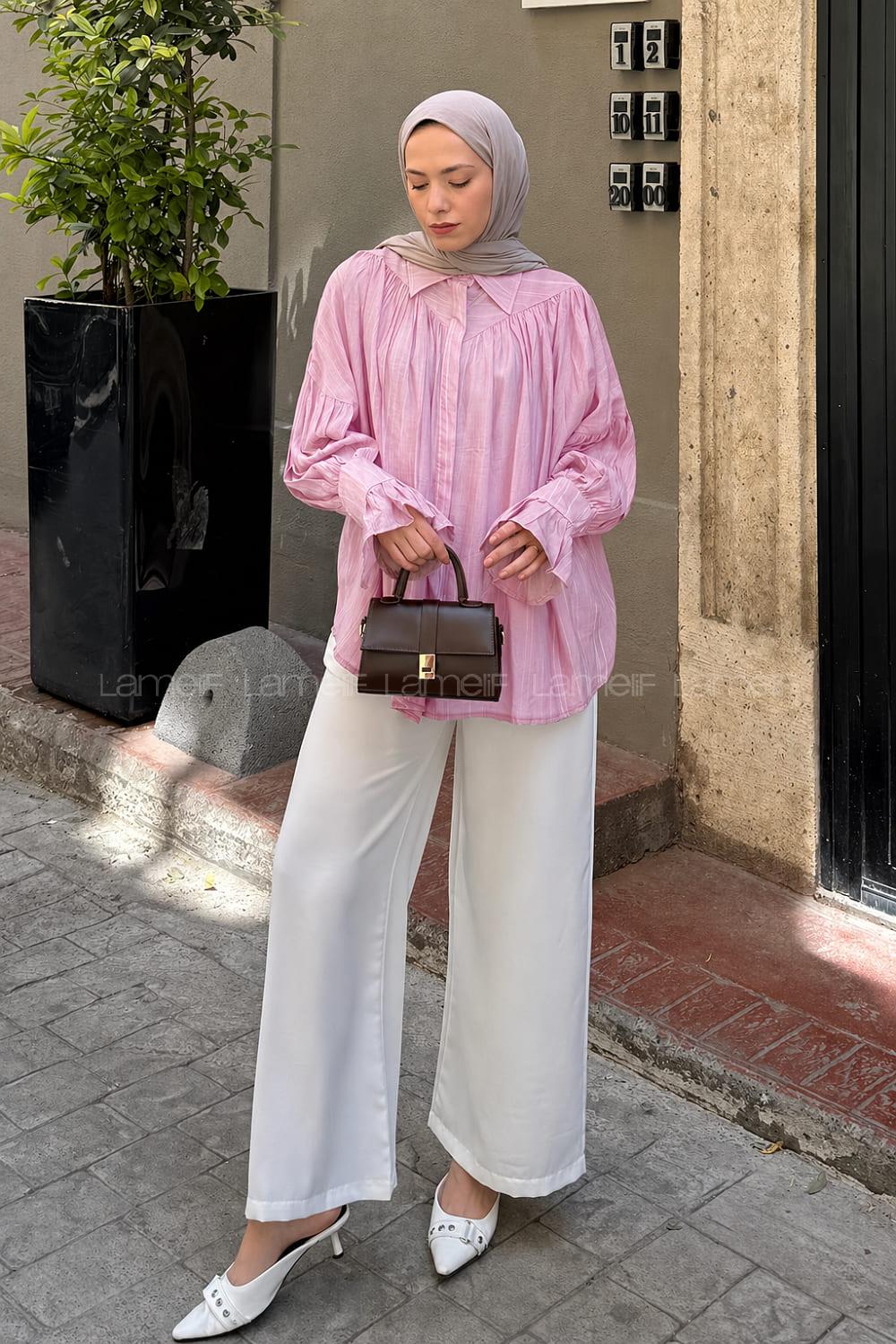 Lamelif Kolları Fırfırlı Tesettür Gömlek Şeker Pembesi