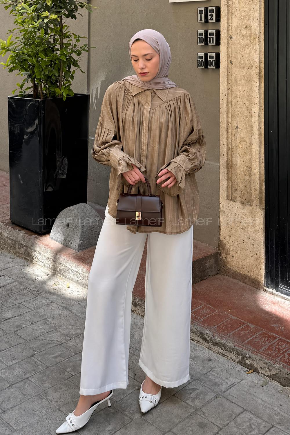 Lamelif Kolları Fırfırlı Tesettür Gömlek Vizonrengi