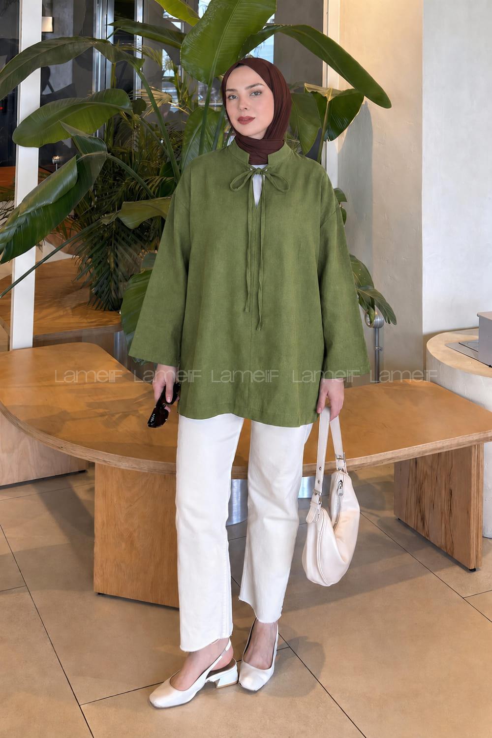 Khaki Mandarin Collar Long Arm Linen Shirt