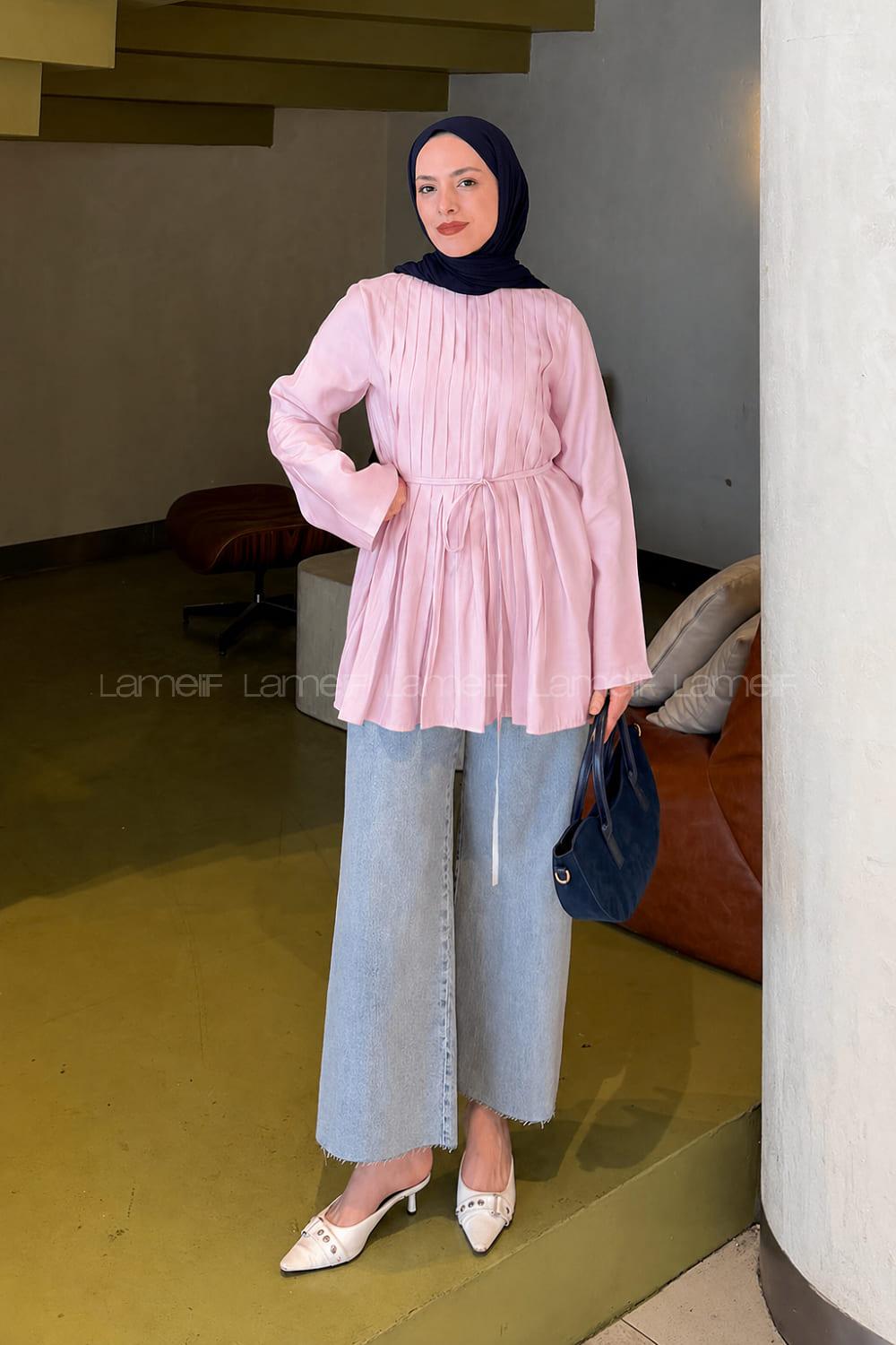 Lamelif Önü Pileli Tunik Şeker Pembesi