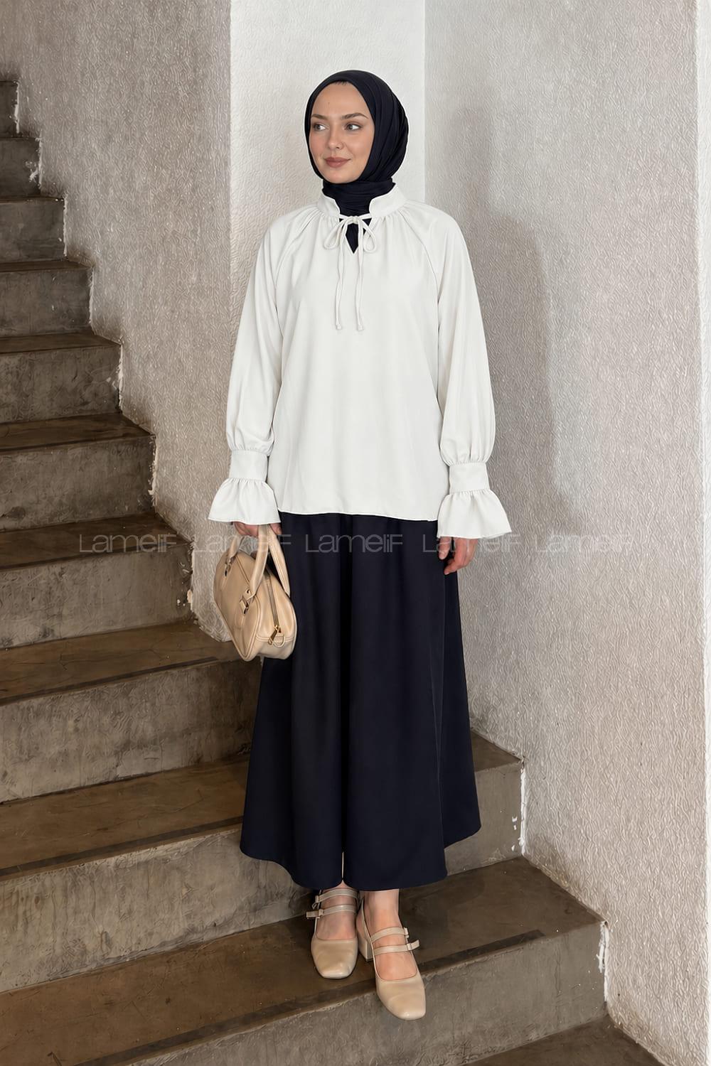 Lamelif Yakası Bağcıklı Bluz Beyaz