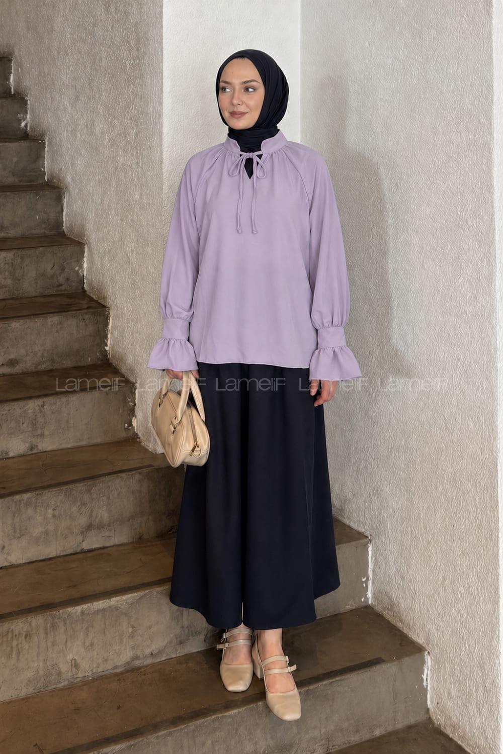 Lamelif Yakası Bağcıklı Bluz Lila