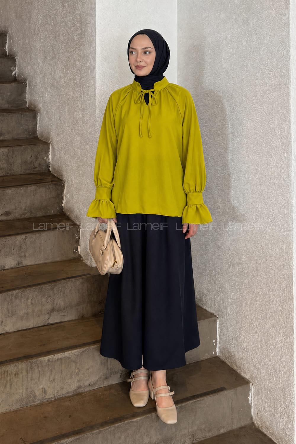 Lamelif Yakası Bağcıklı Bluz Yağ Yeşili