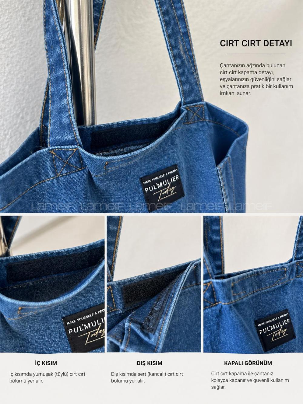 Lamelif Yıkamalı Kot Arma Detaylı Denim Mavi Çanta[Kot Totebag]