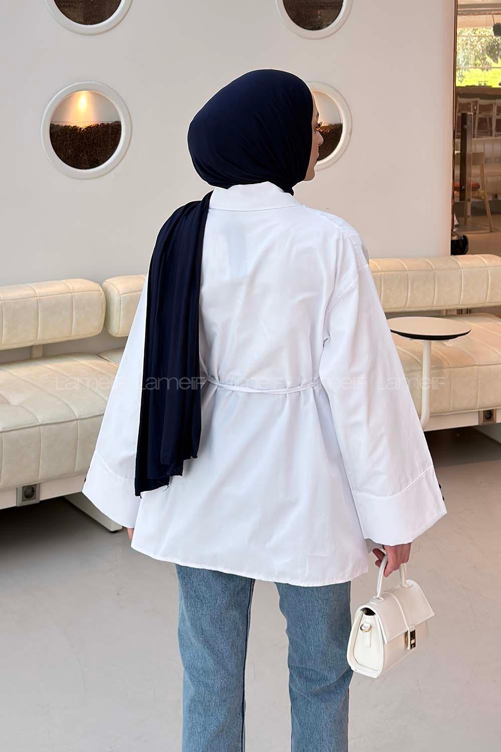 Lamelif Bağlama Detaylı Takma Manşet Gömlek Beyaz