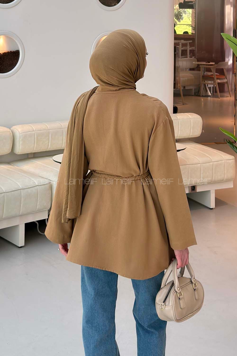 Lamelif Örgü Bağlamalı Kimono Ceket Camel