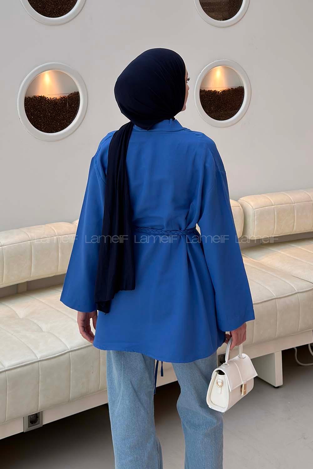 Lamelif Örgü Bağlamalı Kimono Ceket Saks Mavisi